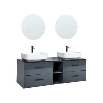 Mueble De Baño Led Táctil Con Lavabo 4 Cajones 2 Espejos Gris Pilar - Blanco