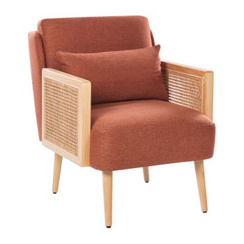 Sillón Tradicional De Poliéster Estructura De Madera Con Ratán Trenzado Patas De Madera Tapones De Plástico Con Cojín Naranja Orum - Naranja