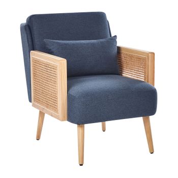 Sillón Tradicional De Poliéster Estructura De Madera Con Ratán Trenzado Patas De Madera Tapones De Plástico Con Cojín Azul Orum - Azul