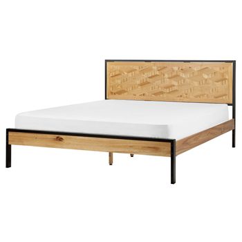 Cama Con Somier De Listones Clásica Moderna Con Cabecero Base Y Patas De Metal Madera Clara 160 X 200 Cm Ervillers - Madera Clara