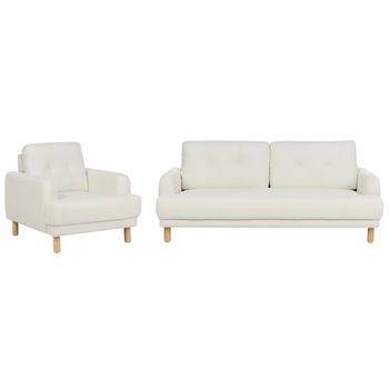 Conjunto De Sala De Estar Retro 3 Plazas Sofá Y Sillón Patas De Madera Asiento Grueso Tapizado De Tela Blanco Crema Tuve - Blanco