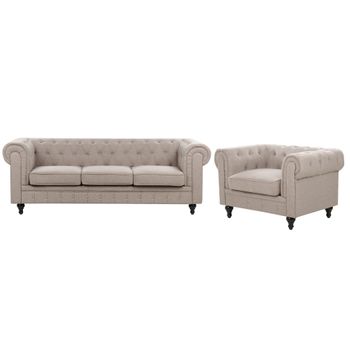 Conjunto De Sala De Estar Tapizado En Tela Sofá 3 Plazas Sillón Estilo Clásico Blanco Gris Pardo Chesterfield - Beige