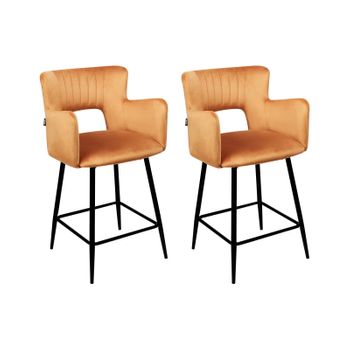 Conjunto De 2 Sillas De Bar Modernas Asiento De Terciopelo Con Reposabrazos Respaldo Acolchado Naranja Sanilac - Naranja