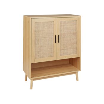 Aparador 2 Puertas De Ratán Frente De Mimbre Con Estante Estilo Boho Almacenaje Madera Claro Perote - Madera Clara