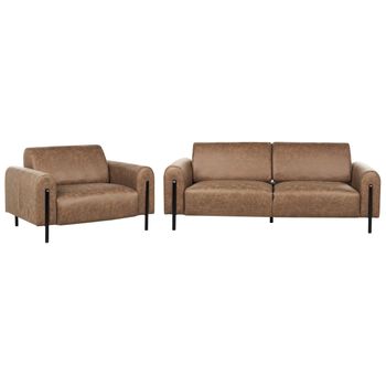 Conjunto De Sala De Estar 3 Plazas Sofá Sillón Tapizado Tela Aspecto Cuero Respaldo Ajustable Patas De Metal Marrón Askim - Marrón