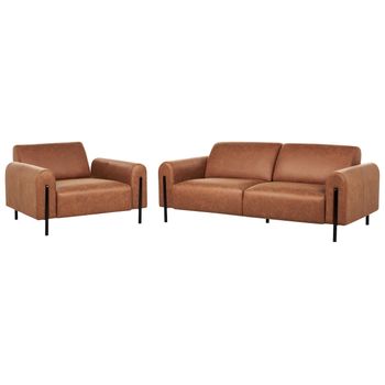 Conjunto De Sala De Estar 3 Plazas Sofá Sillón Tapizado Tela Aspecto Cuero Respaldo Ajustable Patas De Metal Marrón Askim - Marrón