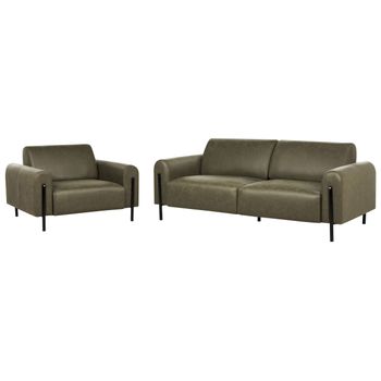 Conjunto De Sala De Estar 3 Plazas Sofá Sillón Tapizado Tela Aspecto Cuero Respaldo Ajustable Patas De Metal Verde Oscuro Askim - Verde