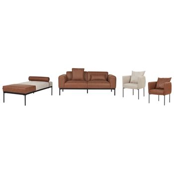 Conjunto De Sala De Estar Elegante De Lino Sintético Y Piel Sintética Sofá Chaise Longue 2 Sillones Patas Negras Beige Claro Y Marrón Malmos - Beige