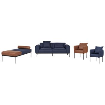 Conjunto De Sala De Estar Elegante De Lino Sintético Y Piel Sintética Sofá Chaise Longue 2 Sillones Patas Negras Azul Oscuro Y Marrón Malmos - Marrón