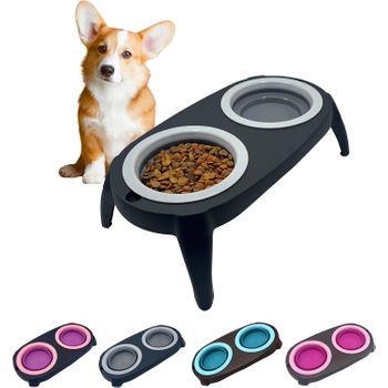 Comedero Elevado Para Perros El Ático Pets Gris, Soporte Con 2 Bowls Extraíbles Y Desplegables De 550 Ml