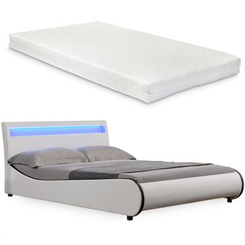 [corium®] Cama De Cuero Sintético Moderna - [neu.haus]® Colchón De Espuma Fría - Con Sistema De Iluminación Led - (140cm X 200cm) - (blanco)