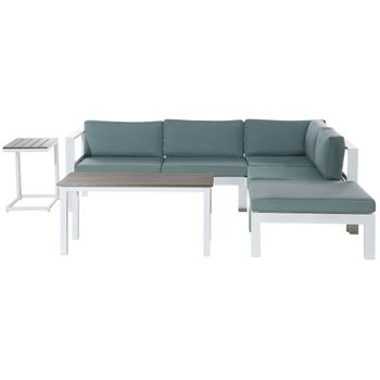 Conjunto De Sala De Estar 5 Plazas De Metal Blanco Madera Clara Verde Menta Cojines Mesa Messina - Blanco