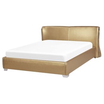 Cama Tapizada En Piel Dorada Con Somier 160 X 200 Cm Diseño Moderno Paris - Dorado