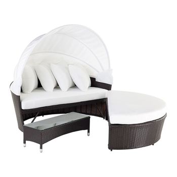 Cama De Exterior De Ratán Sintético Blanco Marrón Cojines Mesa De Centro Tumbona Dosel Resistente Al Aire Libre Sylt Lux - Blanco