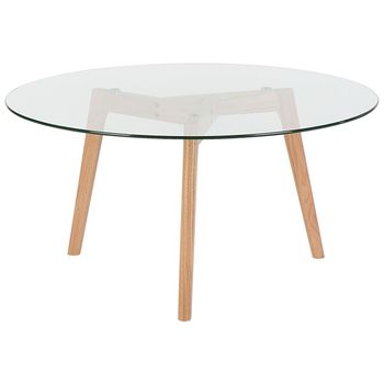 Mesa De Centro Transparente Redonda Con Tablero De Cristal 3 Patas De Madera Clara Minimalista Escandinavo Minnesota - Madera Clara