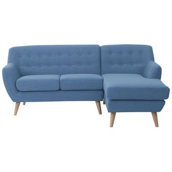 Sofá Esquinero Tapizado Azul Con Respaldo Capitoné Chaise Longue Acolchado Grueso Patas De Madera Clara Minimalista Motala - Azul