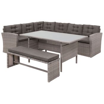 Conjunto De Comedor De Jardín De Ratán Sintético Gris Con Cojines Sofá Banco Mesa Rectangular Con Tablero De Vidrio 80x145 Cm Viterbo - Gris