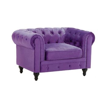 Sillón Tapizado En Tela De Terciopelo Violeta Patas De Madera Oscura Contemporáneo Chesterfield - Violeta