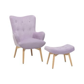 Sillón Orejero Tapizado En Tela De Terciopelo Violeta Claro Abotonado Con Reposapiés Estilo Retro Vejle - Violeta