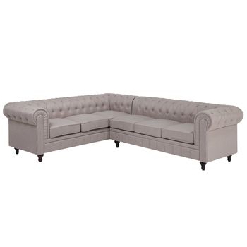 Sofá Chesterfield Esquinero Tapizado En Tela Beige Patas De Madera Oscura 6 Plazas Estilo Clásico Versión Derecha Chesterfield - Beige