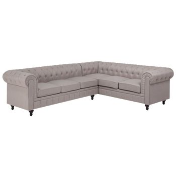 Sofá Chesterfield Esquinero Tapizado En Tela Beige Patas De Madera Oscura 6 Plazas Estilo Clásico Versión Izquierda Chesterfield - Beige