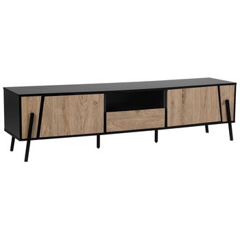 Mueble Tv Color Madera Clara Y Negro 177 Con 2 Armarios 1 Balda 1 Cajón Espacio Para Cables Estilo Moderno Blackpool - Madera Clara