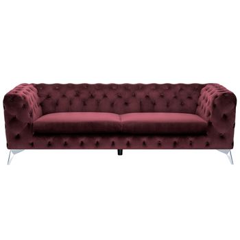 Sofá De 3 Plazas De Terciopelo Rojo Oscuro Estilo Chesterfield Con Respaldo Bajo Sotra - Rojo