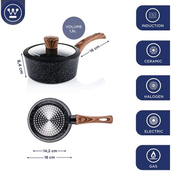 Batería De Cocina Sip 8 Piezas (dos Cazos + Tres Ollas Con Tapa De Vidrio)  Con Set De 3 Sartenes Ø16/20/24 Cms Color Negro., Inducción en Planeta  Huerto