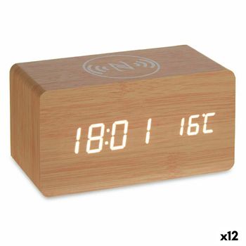 Reloj Despertador Con Cargador Inalámbrico Marrón Pvc Madera Mdf 15 X 7,5 X 7 Cm (12 Unidades)