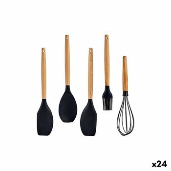 Juego De Utensilios De Cocina Negro Silicona Madera De Haya (24 Unidades)