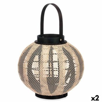 Portavelas Farol Con Asa Beige Madera Tela 30 X 30 X 30 Cm (2 Unidades)