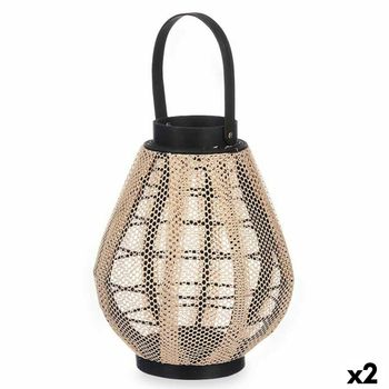 Portavelas Farol Con Asa Beige Madera Tela 25 X 30 X 25 Cm (2 Unidades)