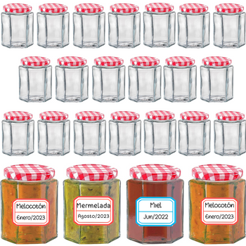 Pack De 24 Tarros Pequeños De Cristal Hexagonales Con Tapa Hermética De 95ml – Incluye Etiquetas