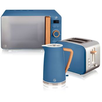 Nordic Set Desayuno, Hervidor Agua 1,7 L, Tostadora 2 Rebanadas, Microondas 20l Digital, Diseño Azul 2200w Swan Strp2060bluneu