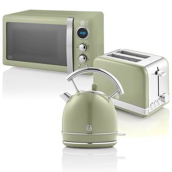 Retro Set Desayuno Hervidor Agua 1,8l, Tostadora 2 Rebanadas, Microondas Digital 20l, Vintage Verde 850w Swan Strp2070gneu