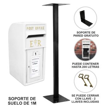 Buzón Royal Mail Blanco Con Soporte De Suelo De Hierro Fundido Y Montaje De Pared