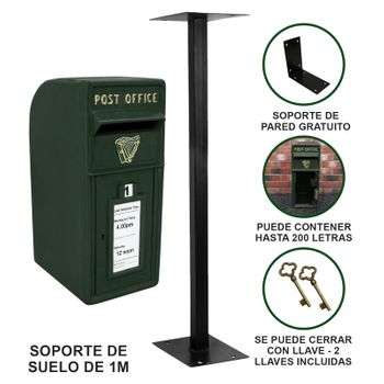 Buzón Royal Mail Verde Irlandés Con Soporte De Suelo De Hierro Fundido Y Montaje De Pared