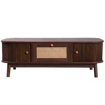 Mesa De Centro - Decorada Con Ratán Y Madera Maciza - Estilo Rústico - Marrón