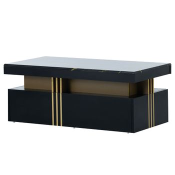 Mesa De Centro Rectangular Con Tablero Estampado De Pvc Y 2 Cajones De Madera - Estilo Escandinavo - Negro