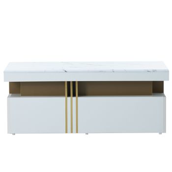 Mesa De Centro Rectangular Con Tablero Estampado De Pvc Y 2 Cajones De Madera - Estilo Escandinavo - Blanco