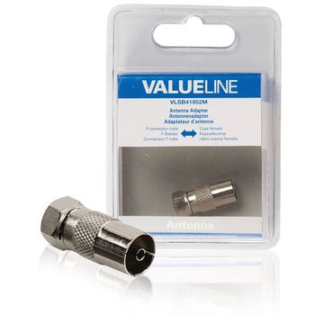 Valueline Adaptador De Antena, Conector F Macho – Coaxial Hembra, Metálico, Color Plata