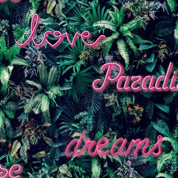 Good Vibes Papel De Pared Neon Letter With Plants Verde Y Rosa Noordwand