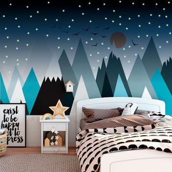 Vinilo Montaña Parka + 100 Estrellas Fosforescentes - Adhesivo De Pared - Revestimiento Sticker Mural Decorativo - 120x180cm