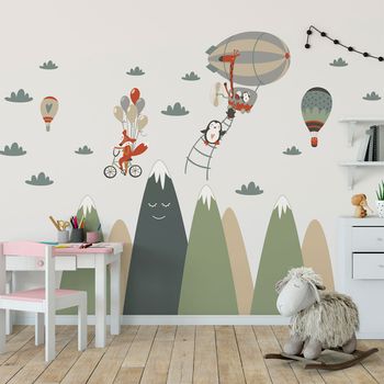 Vinilo Niño Escandinavo De Montaña Acróbatas Animales - Adhesivo De Pared - Revestimiento Sticker Mural Decorativo - 100x150cm