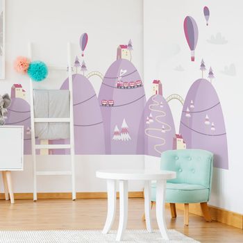 Vinilo Niño Escandinavo De Montaña Globos De Aire Caliente - Adhesivo De Pared - Revestimiento Sticker Mural Decorativo - 60x90cm