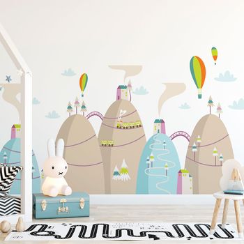 Vinilo Escandinavo De Montaña Globos De Aire Caliente - Adhesivo De Pared - Revestimiento Sticker Mural Decorativo - 40x60cm