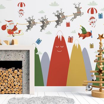 Pegatinas Montañas Papá Noel Y Su Reno - Adhesivo De Pared - Revestimiento Sticker Mural Decorativo - 110x165cm