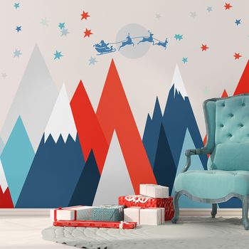 De Renos De Montañas Escandinavas Y Papá Noel - Adhesivo De Pared - Revestimiento Sticker Mural Decorativo - 50x75cm
