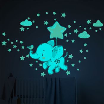 Vinilos Fosforescente Elefantes Felices En Las Nubes + 120 Estrellas - Adhesivo Pared - Sticker Revestimiento - 105x80cm