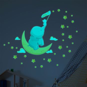 Vinilos Fosforescente Elefante Y Conejo Atrapan Las Estrellas + 110 Estrellas - Adhesivo Pared - Sticker Revestimiento - 160x120cm